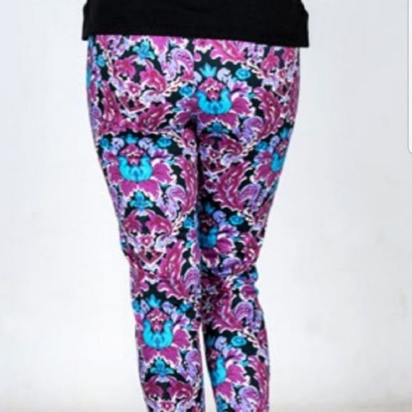 Purple Blue Watercolor Floral Chino Pants Slacks - Picture 3 of 5